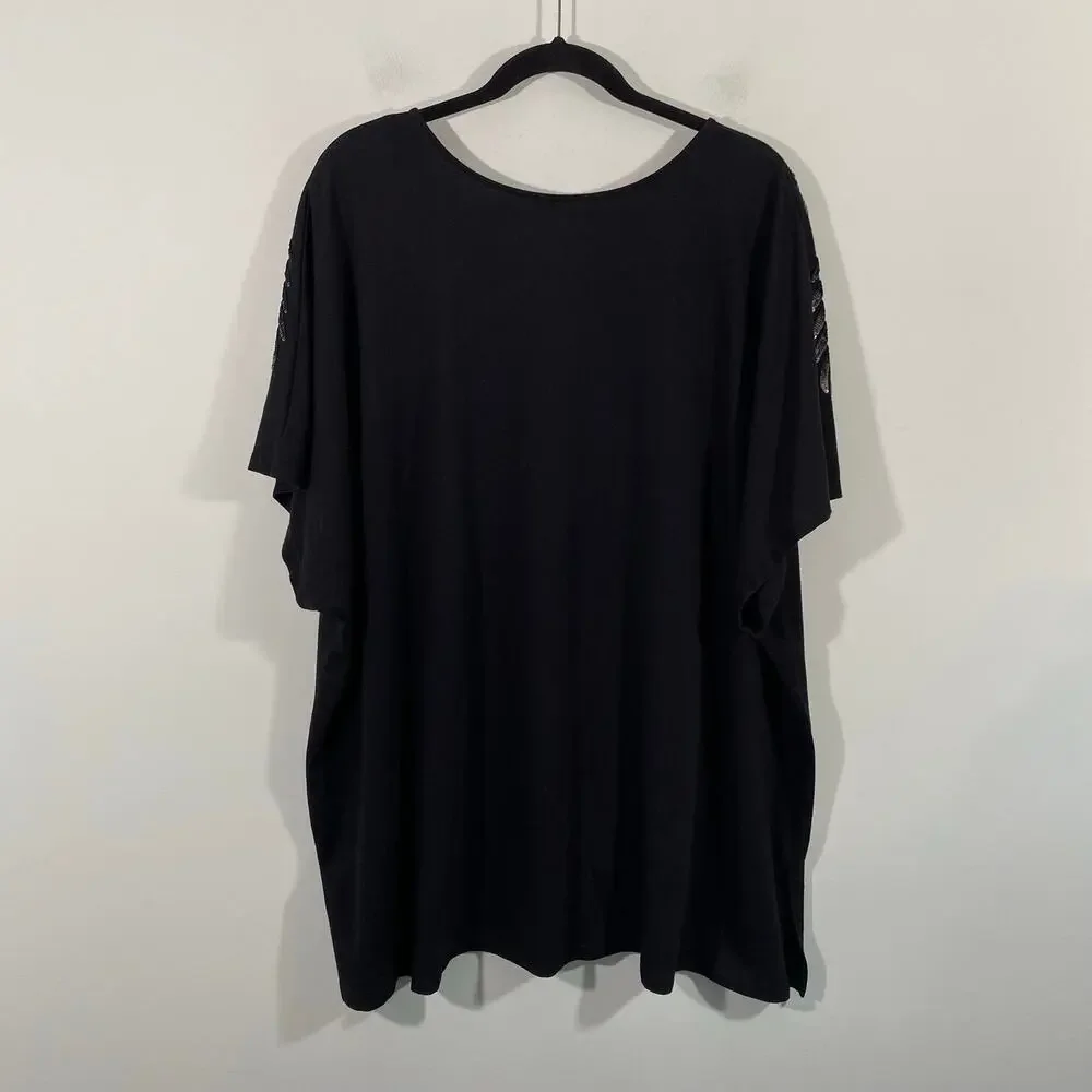 Roaman's Women Black With Silver Sequins Shoulder Accent Short Sleeve Top Sz 4X